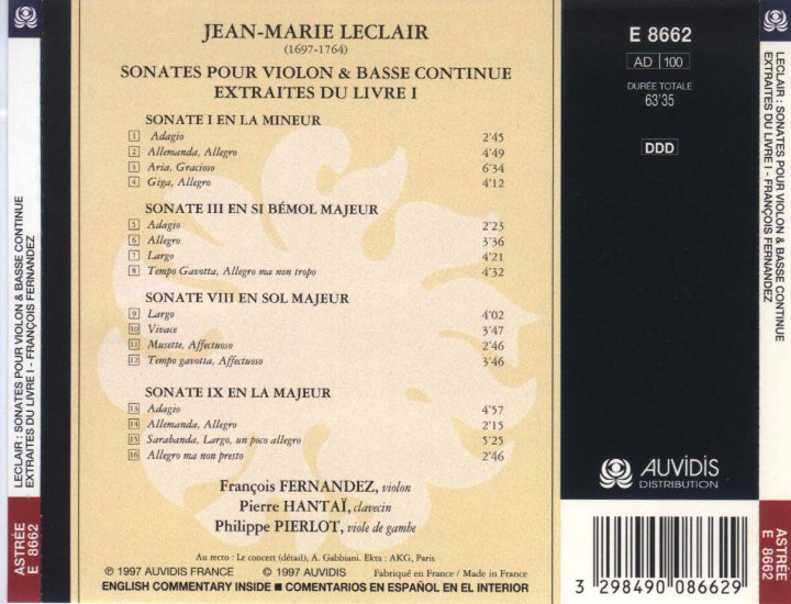 Sonates pour Violo... - Leclair - Violin Sonatas Book 1 Opus 1 - CD rear cover.jpg